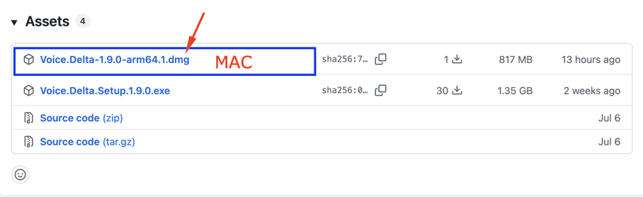 GitHub release assets with the Voice Delta 1.9 ARM64 .dmg installer highlighted for Mac.